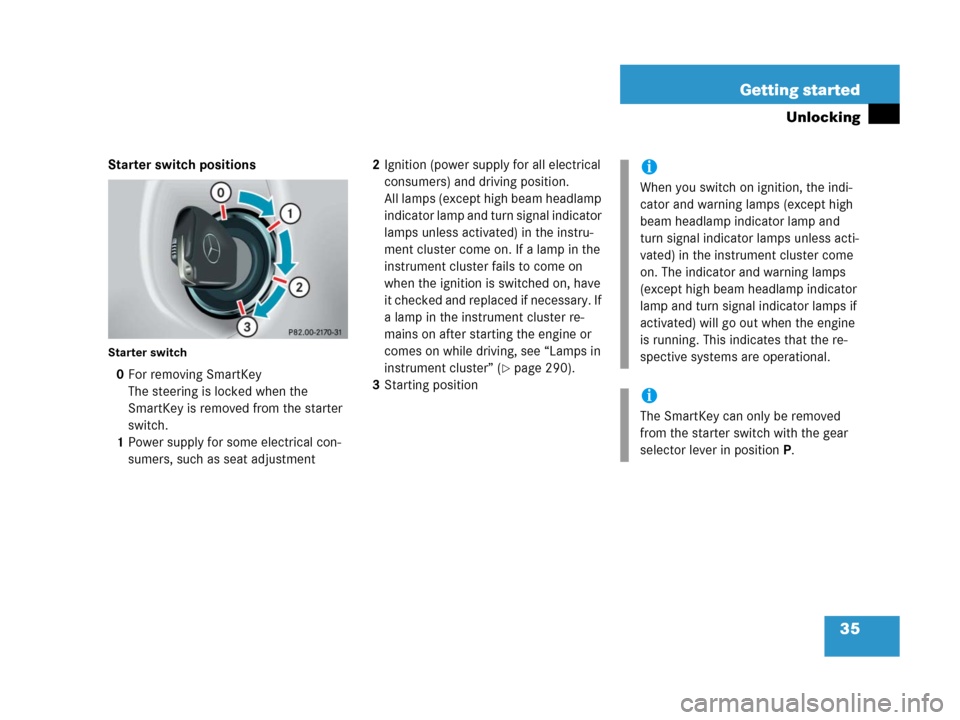 MERCEDES-BENZ G500 2006 W463 Owners Guide 35 Getting started
Unlocking
Starter switch positions
Starter switch
0For removing SmartKey
The steering is locked when the 
SmartKey is removed from the starter 
switch.
1Power supply for some electr