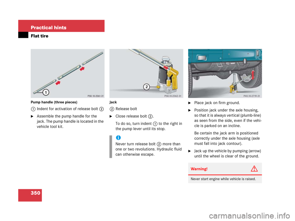 MERCEDES-BENZ G55AMG 2006 W463 Owners Manual 350 Practical hints
Flat tire
Pump handle (three pieces)
1Indent for activation of release bolt2
Assemble the pump handle for the 
jack. The pump handle is located in the 
vehicle tool kit. 
Jack
2Re