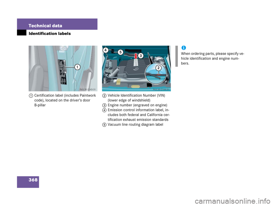 MERCEDES-BENZ G55AMG 2006 W463 Owners Manual 368 Technical data
Identification labels
1Certification label (includes Paintwork 
code), located on the driver’s door 
B-pillar2Vehicle Identification Number (VIN) 
(lower edge of windshield)
3Engi