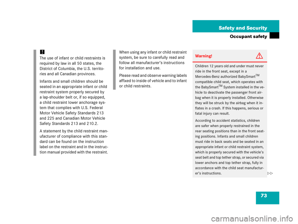 MERCEDES-BENZ G55AMG 2006 W463 Manual PDF 73 Safety and Security
Occupant safety
!
The use of infant or child restraints is 
required by law in all 50 states, the 
District of Columbia, the U.S. territo-
ries and all Canadian provinces.
Infan