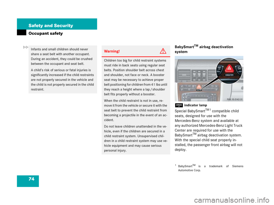 MERCEDES-BENZ G55AMG 2006 W463 Manual PDF 74 Safety and Security
Occupant safety
BabySmartTM airbag deactivation 
system
7 
indicator lamp
Special BabySmartTM1 compatible child 
seats, designed for use with the 
Mercedes-Benz system and avail
