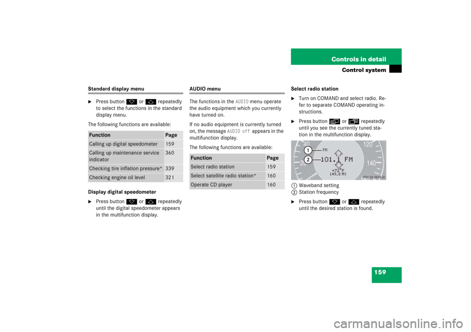 MERCEDES-BENZ E350 2006 W211 Service Manual 159 Controls in detail
Control system
Standard display menu
Press buttonk orj repeatedly 
to select the functions in the standard 
display menu.
The following functions are available:
Display digital