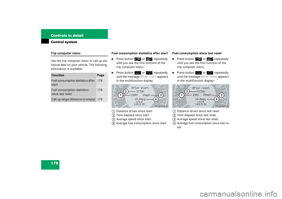 MERCEDES-BENZ E350 2006 W211 Owners Manual 178 Controls in detailControl systemTrip computer menu
Use the trip computer menu to call up sta-
tistical data on your vehicle. The following 
information is available:Fuel consumption statistics aft