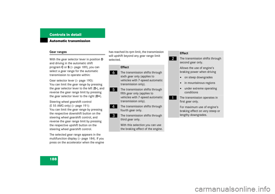 MERCEDES-BENZ E350 2006 W211 Workshop Manual 188 Controls in detailAutomatic transmissionGear ranges
With the gear selector lever in positionD 
and driving in the automatic shift 
programC orS (
page 189), you can 
select a gear range for the a