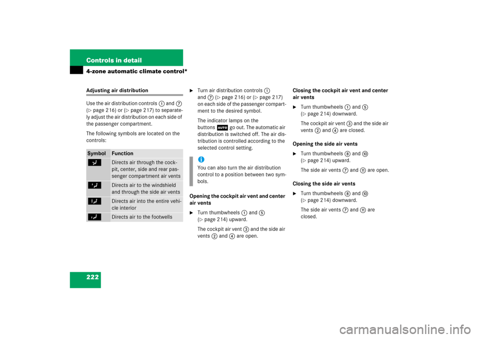 MERCEDES-BENZ E350 2006 W211 Owners Manual 222 Controls in detail4-zone automatic climate control*Adjusting air distribution
Use the air distribution controls1 and7 
(page 216) or (
page 217) to separate-
ly adjust the air distribution on ea