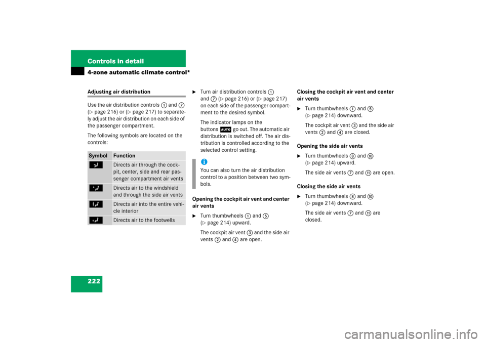 MERCEDES-BENZ E350 4MATIC 2006 W211 Owners Manual 222 Controls in detail4-zone automatic climate control*Adjusting air distribution
Use the air distribution controls1 and7 
(page 216) or (
page 217) to separate-
ly adjust the air distribution on ea
