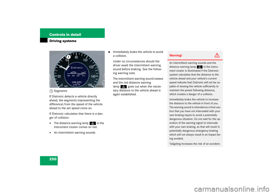 MERCEDES-BENZ E350 2006 W211 Owners Manual 250 Controls in detailDriving systems1Segments
If Distronic detects a vehicle directly 
ahead, the segments (representing the 
difference) from the speed of the vehicle 
ahead to the set speed come on