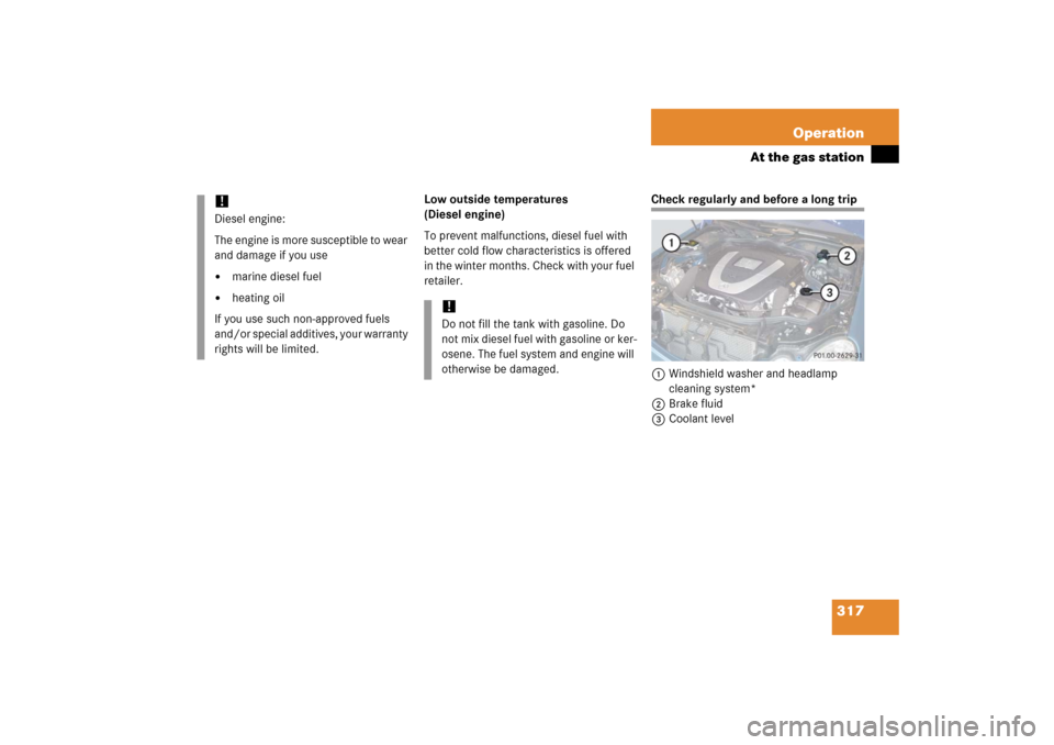 MERCEDES-BENZ E350 2006 W211 Owners Manual 317 Operation
At the gas station
Low outside temperatures 
(Diesel engine)
To prevent malfunctions, diesel fuel with 
better cold flow characteristics is offered 
in the winter months. Check with your