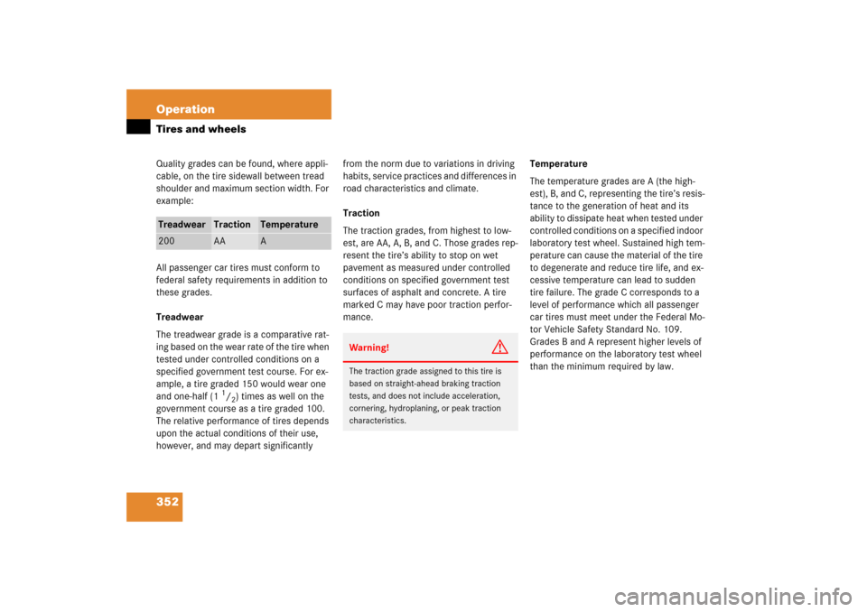 MERCEDES-BENZ E350 4MATIC 2006 W211 Owners Manual 352 OperationTires and wheelsQuality grades can be found, where appli-
cable, on the tire sidewall between tread 
shoulder and maximum section width. For 
example:
All passenger car tires must conform