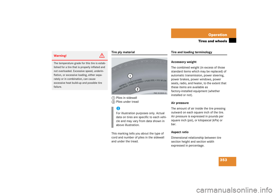 MERCEDES-BENZ E500 2006 W211 Owners Manual 353 Operation
Tires and wheels
Tire ply material
1Plies in sidewall
2Plies under tread
This marking tells you about the type of 
cord and number of plies in the sidewall 
and under the tread.
Tire and