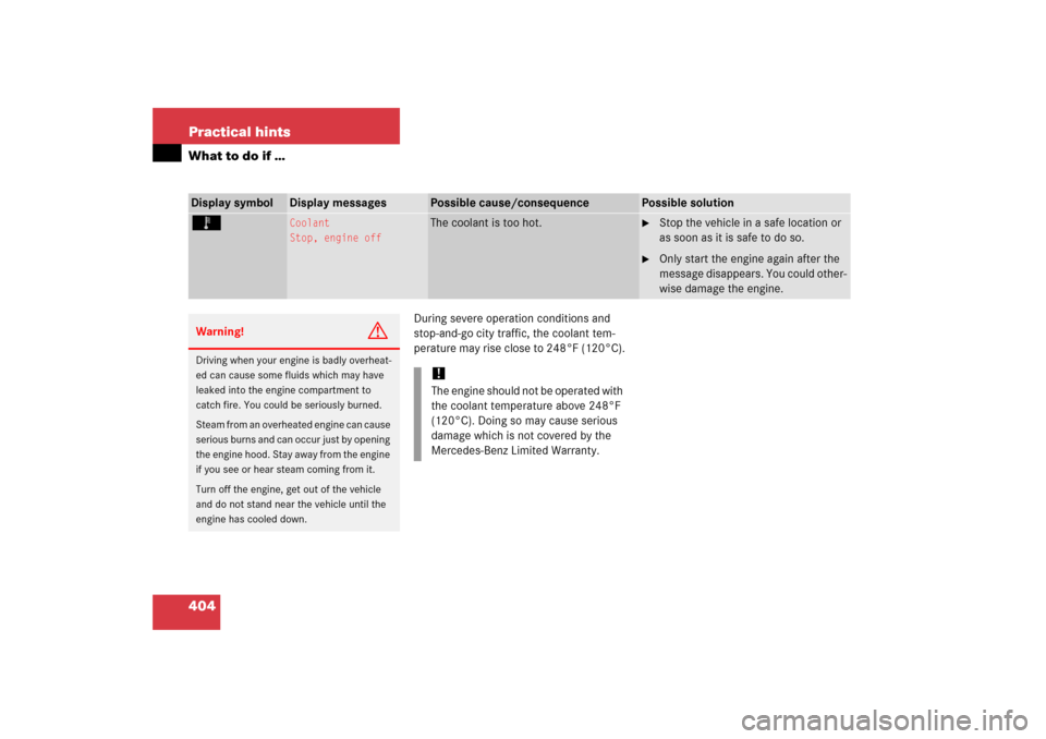 MERCEDES-BENZ E350 2006 W211 Service Manual 404 Practical hintsWhat to do if …
During severe operation conditions and 
stop-and-go city traffic, the coolant tem-
perature may rise close to 248°F (120°C).
Display symbol
Display messages
Poss