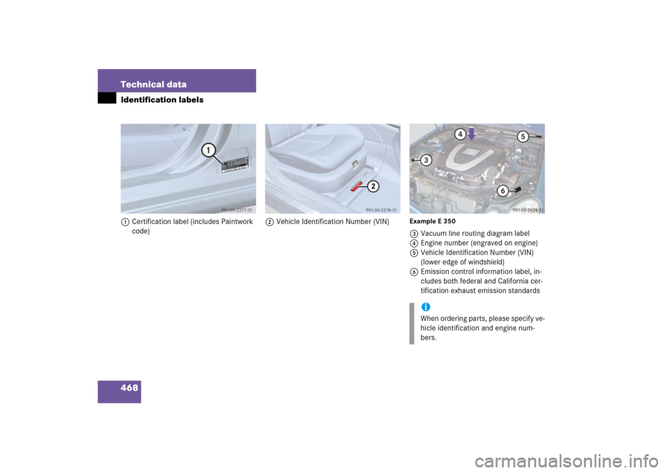 MERCEDES-BENZ E350 2006 W211 Owners Manual 468 Technical dataIdentification labels1Certification label (includes Paintwork 
code)2Vehicle Identification Number (VIN)
Example E 3503Vacuum line routing diagram label
4Engine number (engraved on e