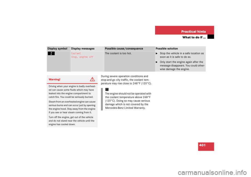 MERCEDES-BENZ E WAGON 2006 S211 Owners Manual 401 Practical hints
What to do if …
During severe operation conditions and 
stop-and-go city traffic, the coolant tem-
perature may rise close to 248°F (120°C).
Display symbol
Display messages
Pos