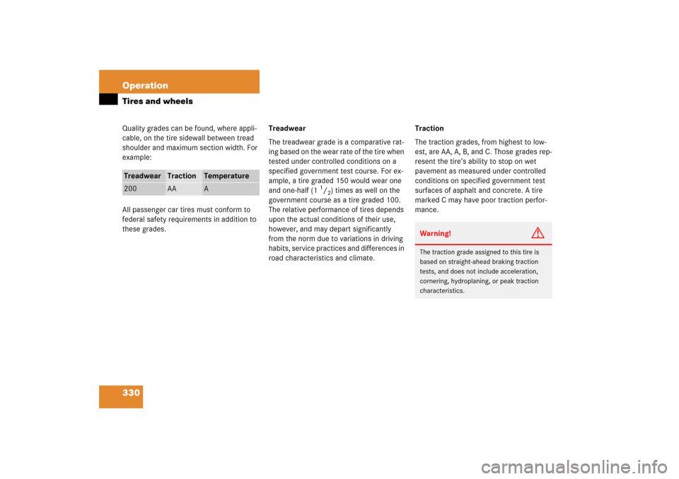 MERCEDES-BENZ CLS500 2006 W219 Owners Manual 330 OperationTires and wheelsQuality grades can be found, where appli-
cable, on the tire sidewall between tread 
shoulder and maximum section width. For 
example:
All passenger car tires must conform