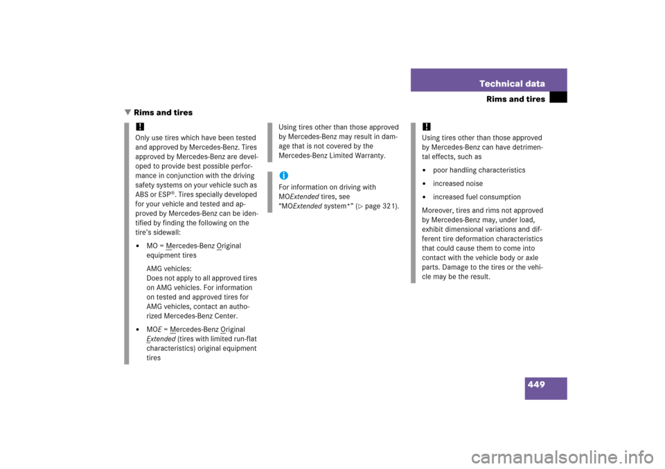 MERCEDES-BENZ CLS500 2006 W219 Owners Guide 449 Technical data
Rims and tires
Rims and tires
!
Only use tires which have been tested 
and approved by Mercedes-Benz. Tires 
approved by Mercedes-Benz are devel-
oped to provide best possible perf