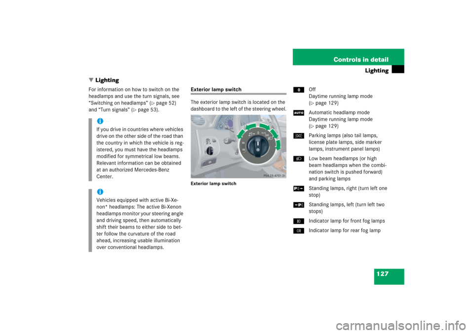MERCEDES-BENZ CLK500 2006 C209 Owners Manual 127 Controls in detail
Lighting
Lighting
For information on how to switch on the 
headlamps and use the turn signals, see 
“Switching on headlamps” (
page 52) 
and “Turn signals” (
page 53)