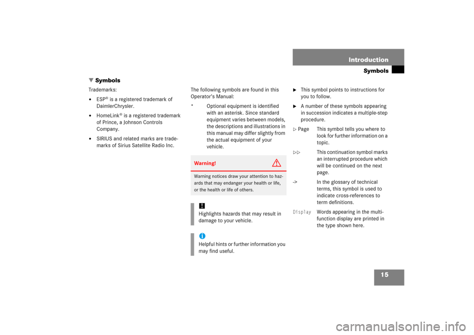 MERCEDES-BENZ CLK500 2006 C209 Owners Manual 15 Introduction
Symbols
Symbols
Trademarks:
ESP
® is a registered trademark of 
DaimlerChrysler.

HomeLink
® is a registered trademark 
of Prince, a Johnson Controls 
Company.

SIRIUS and relate