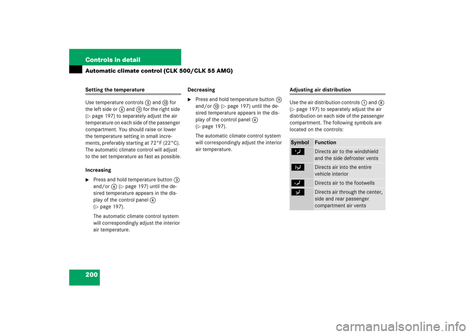MERCEDES-BENZ CLK500 2006 C209 Owners Manual 200 Controls in detailAutomatic climate control (CLK 500/CLK 55 AMG)Setting the temperature
Use temperature controls3 andd for 
the left side or6 andb for the right side 
(page 197) to separately adj