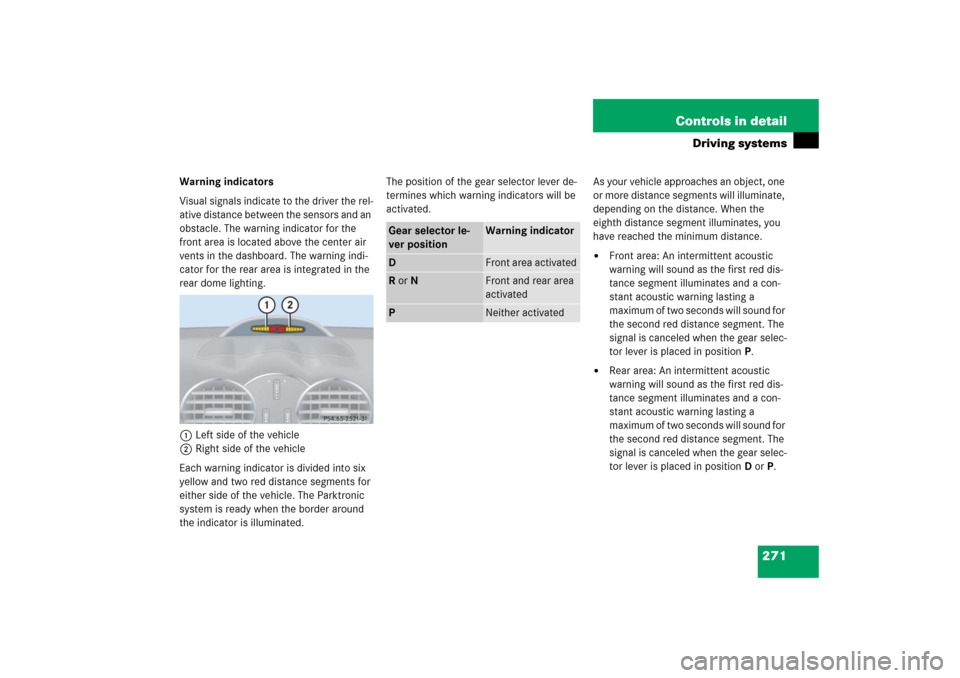 MERCEDES-BENZ CLK350 2006 C209 Owners Manual 271 Controls in detail
Driving systems
Warning indicators
Visual signals indicate to the driver the rel-
ative distance between the sensors and an 
obstacle. The warning indicator for the 
front area 