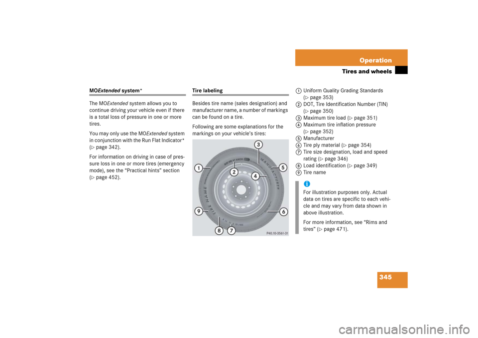 MERCEDES-BENZ CLK500 2006 C209 Owners Manual 345 Operation
Tires and wheels
MOExtended system*
The MOExtended system allows you to 
continue driving your vehicle even if there 
is a total loss of pressure in one or more 
tires.
You may only use 