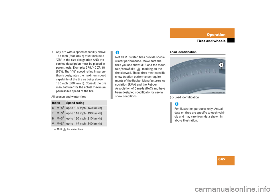 MERCEDES-BENZ CLK500 2006 C209 Owners Manual 349 Operation
Tires and wheels

Any tire with a speed capability above 
186 mph (300 km/h) must include a 
“ZR” in the size designation AND the 
service description must be placed in 
parenthesis