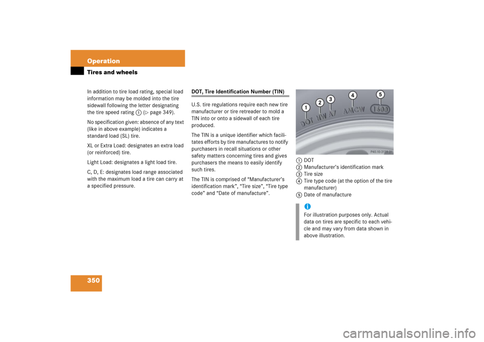 MERCEDES-BENZ CLK500 2006 C209 Owners Manual 350 OperationTires and wheelsIn addition to tire load rating, special load 
information may be molded into the tire 
sidewall following the letter designating 
the tire speed rating1 (
page 349).
No 