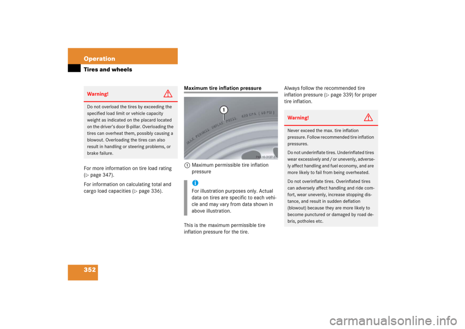 MERCEDES-BENZ CLK350 2006 C209 Owners Manual 352 OperationTires and wheelsFor more information on tire load rating 
(page 347).
For information on calculating total and 
cargo load capacities (
page 336). 
Maximum tire inflation pressure
1Maxi
