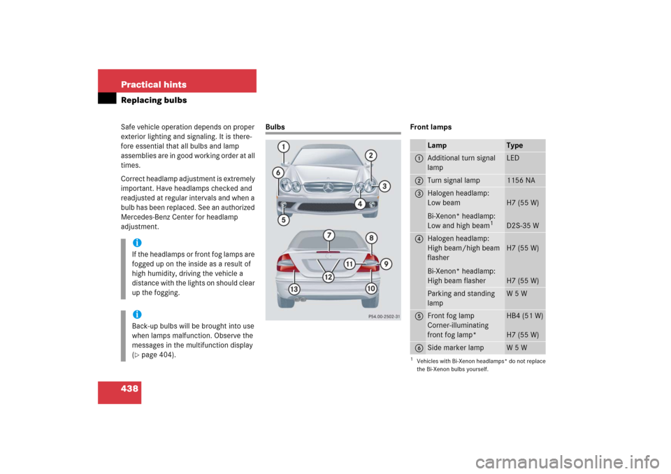 MERCEDES-BENZ CLK350 2006 C209 Owners Manual 438 Practical hintsReplacing bulbsSafe vehicle operation depends on proper 
exterior lighting and signaling. It is there-
fore essential that all bulbs and lamp 
assemblies are in good working order a