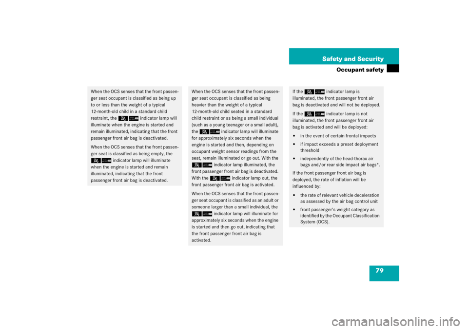 MERCEDES-BENZ CLK350 2006 C209 Owners Manual 79 Safety and Security
Occupant safety
When the OCS senses that the front passen-
ger seat occupant is classified as being up 
to or less than the weight of a typical 
12-month-old child in a standard