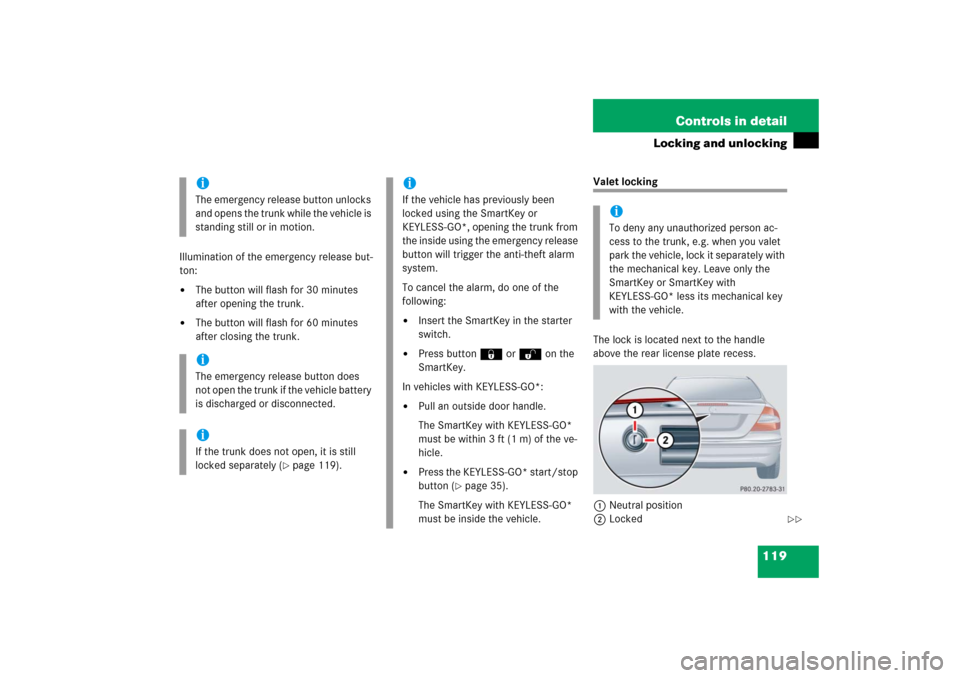 MERCEDES-BENZ CLK COUPE 2006 C209 Owners Manual 119 Controls in detail
Locking and unlocking
Illumination of the emergency release but-
ton:
The button will flash for 30 minutes 
after opening the trunk.

The button will flash for 60 minutes 
aft
