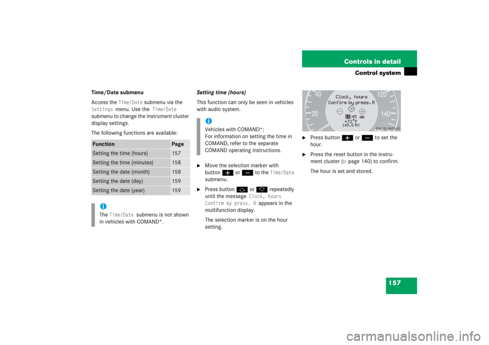MERCEDES-BENZ CLK COUPE 2006 C209 Owners Manual 157 Controls in detail
Control system
Time/Date submenu
Access the 
Time/Date
 submenu via the 
Settings 
menu. Use the
 Time/Date
 
submenu to change the instrument cluster 
display settings.
The fol