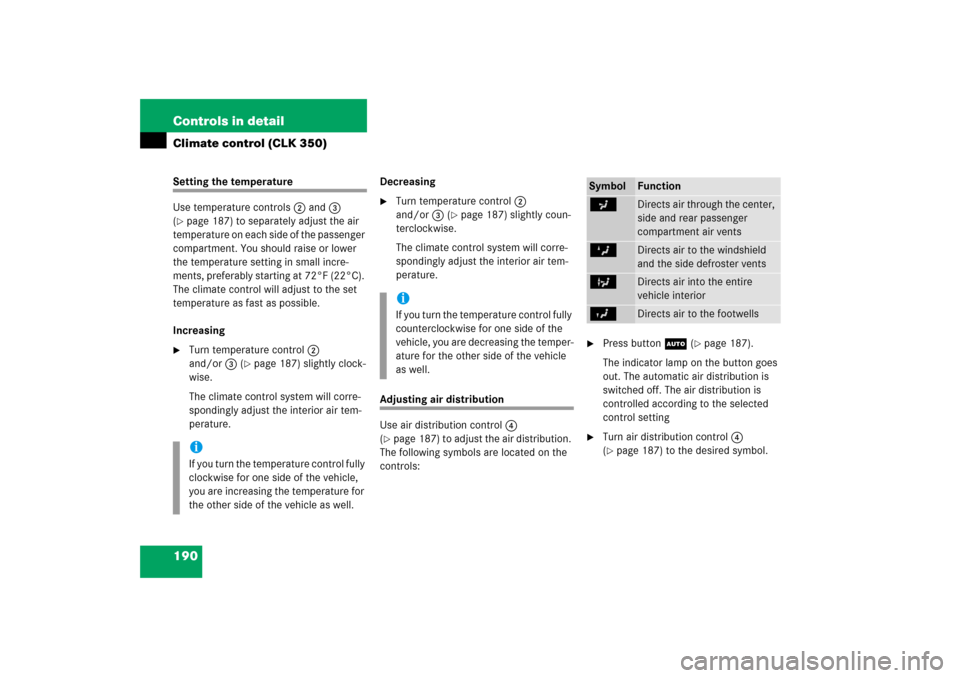 MERCEDES-BENZ CLK COUPE 2006 C209 Owners Manual 190 Controls in detailClimate control (CLK 350)Setting the temperature
Use temperature controls2 and3 
(page 187) to separately adjust the air 
temperature on each side of the passenger 
compartment.