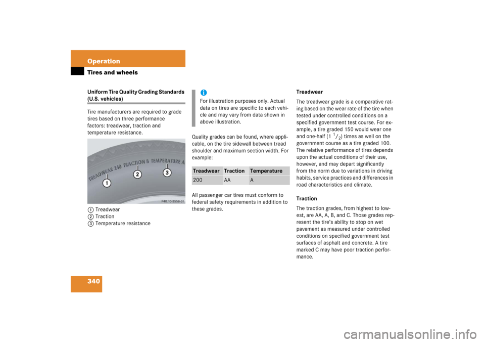 MERCEDES-BENZ CLK COUPE 2006 C209 Owners Guide 340 OperationTires and wheelsUniform Tire Quality Grading Standards (U.S. vehicles)
Tire manufacturers are required to grade 
tires based on three performance 
factors: treadwear, traction and 
temper