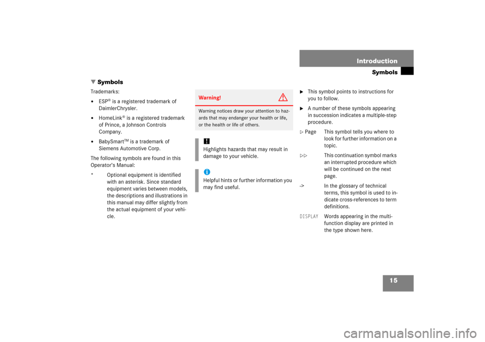 MERCEDES-BENZ CL600 2006 C215 User Guide 15 Introduction
Symbols
Symbols
Trademarks:
ESP
® is a registered trademark of 
DaimlerChrysler.

HomeLink
® is a registered trademark 
of Prince, a Johnson Controls 
Company.

BabySmart
TM is a