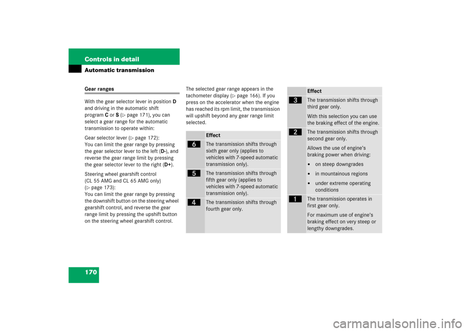 MERCEDES-BENZ CL600 2006 C215 Service Manual 170 Controls in detailAutomatic transmissionGear ranges
With the gear selector lever in positionD 
and driving in the automatic shift 
programC orS (
page 171), you can 
select a gear range for the a