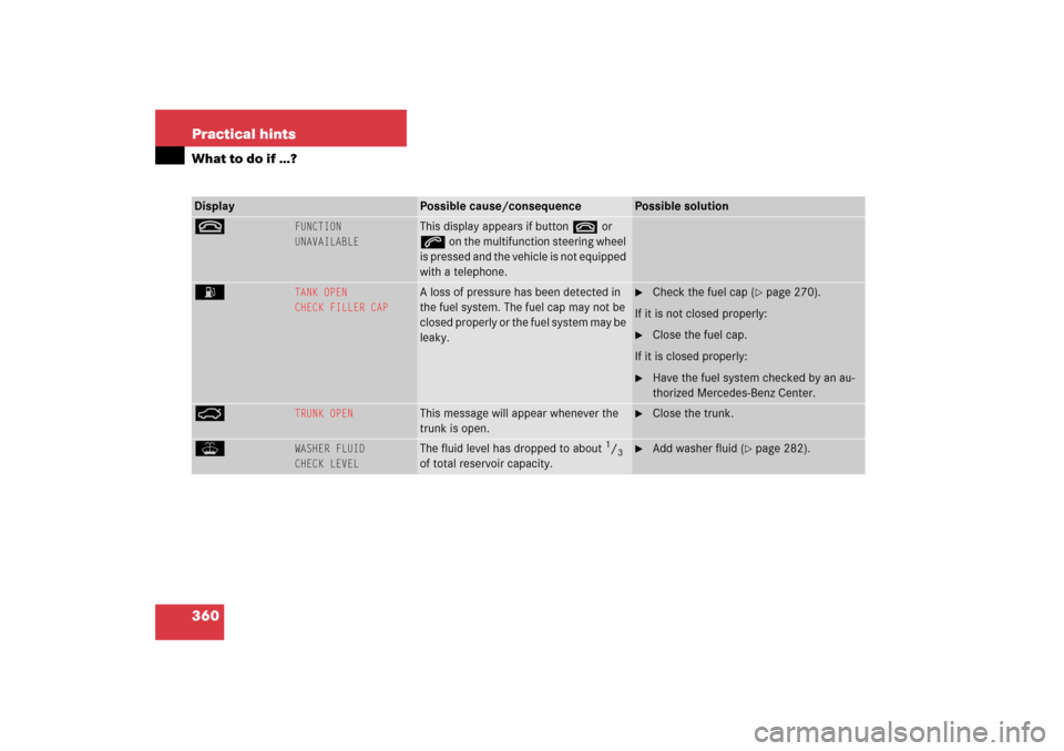 MERCEDES-BENZ CL600 2006 C215 Owners Manual 360 Practical hintsWhat to do if …?Display 
Possible cause/consequence
Possible solution
t
FUNCTION
UNAVAILABLE
This display appears if button t or 
s on the multifunction steering wheel 
is pressed