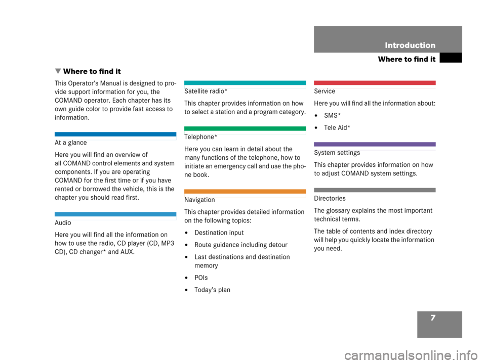 MERCEDES-BENZ C-Class 2006 W203 Comand Manual 7
Where to find it
Introduction
 Where to find it
This Operator’s Manual is designed to pro-
vide support information for you, the 
COMAND operator. Each chapter has its 
own guide color to provide