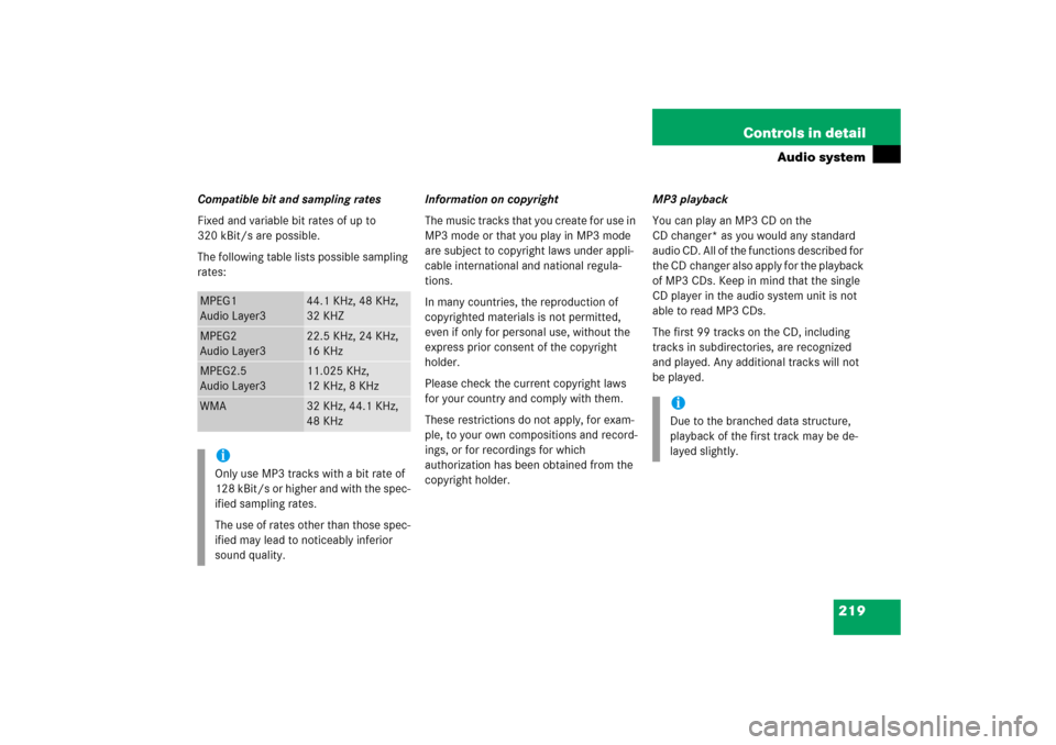 MERCEDES-BENZ C230 2006 W203 Owners Manual 219 Controls in detail
Audio system
Compatible bit and sampling rates
Fixed and variable bit rates of up to 
320 kBit/s are possible.
The following table lists possible sampling 
rates:Information on 