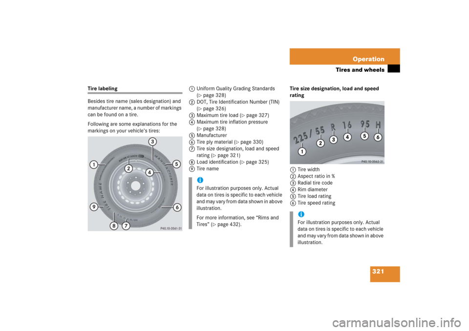 MERCEDES-BENZ C230 2006 W203 Owners Manual 321 Operation
Tires and wheels
Tire labeling
Besides tire name (sales designation) and 
manufacturer name, a number of markings 
can be found on a tire.
Following are some explanations for the 
markin