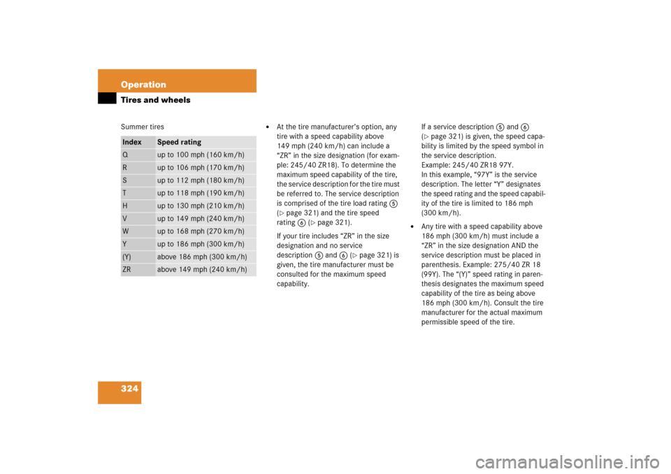 MERCEDES-BENZ C230 2006 W203 Owners Manual 324 OperationTires and wheelsSummer tires

At the tire manufacturer’s option, any 
tire with a speed capability above 
149 mph (240 km/h) can include a 
“ZR” in the size designation (for exam-
