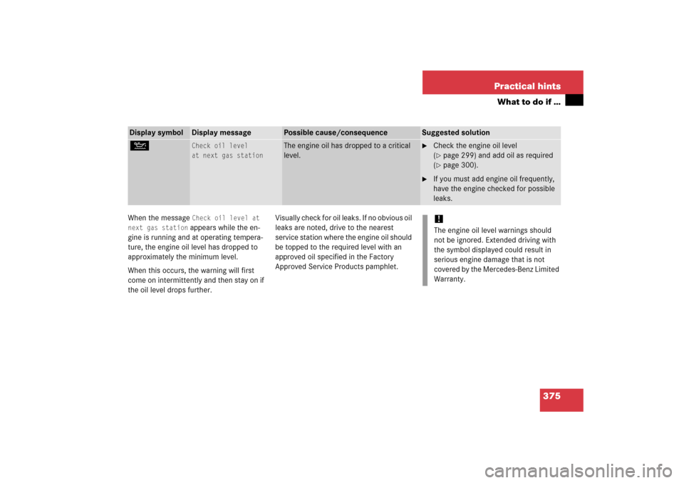 MERCEDES-BENZ C230 2006 W203 Owners Manual 375 Practical hints
What to do if …
When the message 
Check oil level at 
next gas station appears while the en-
gine is running and at operating tempera-
ture, the engine oil level has dropped to 
