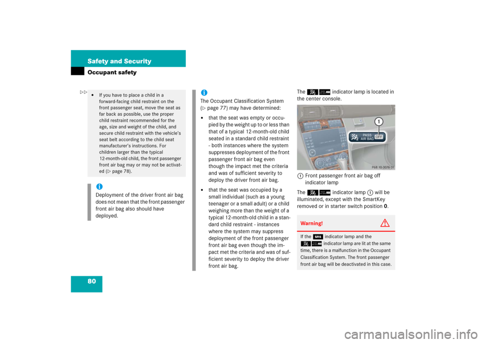 MERCEDES-BENZ C230 2006 W203 User Guide 80 Safety and SecurityOccupant safety
The 56indicator lamp is located in 
the center console.
1Front passenger front air bag off 
indicator lamp
The 56indicator lamp1 will be 
illuminated, except with