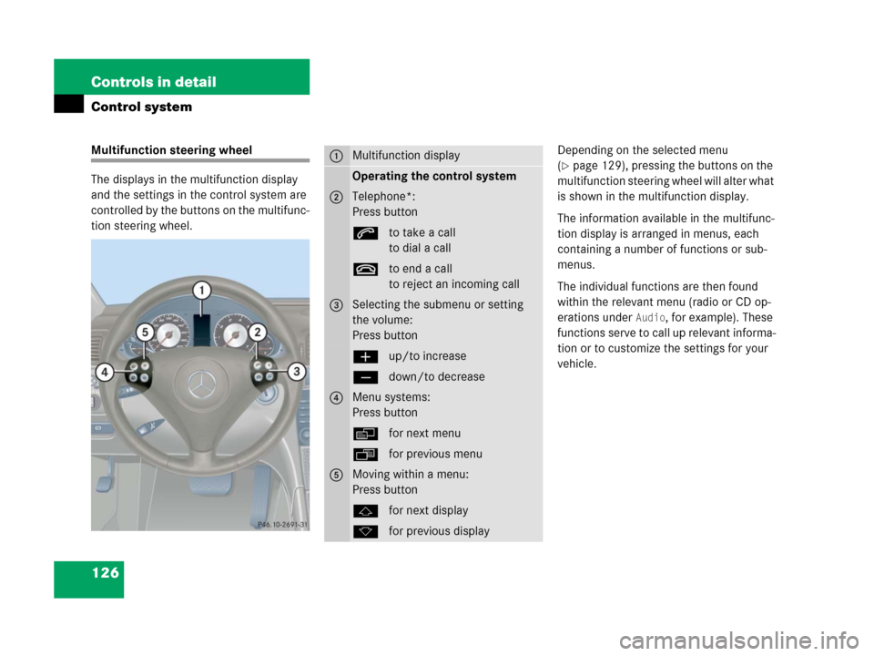MERCEDES-BENZ C55AMG 2006 W203 Owners Manual 126 Controls in detail
Control system
Multifunction steering wheel
The displays in the multifunction display 
and the settings in the control system are 
controlled by the buttons on the multifunc-
ti