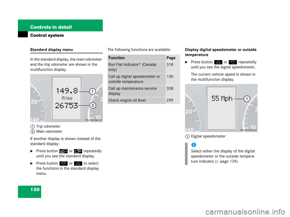MERCEDES-BENZ C55AMG 2006 W203 Owners Manual 130 Controls in detail
Control system
Standard display menu
In the standard display, the main odometer 
and the trip odometer are shown in the 
multifunction display.
1Trip odometer
2Main odometer
If 
