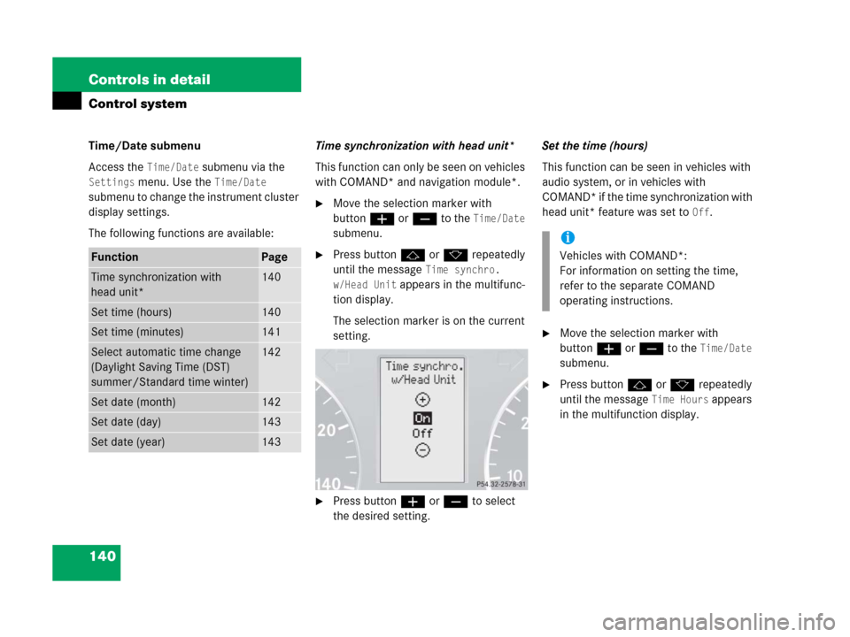 MERCEDES-BENZ C55AMG 2006 W203 Owners Manual 140 Controls in detail
Control system
Time/Date submenu
Access the 
Time/Date submenu via the 
Settings menu. Use the Time/Date 
submenu to change the instrument cluster 
display settings.
The followi