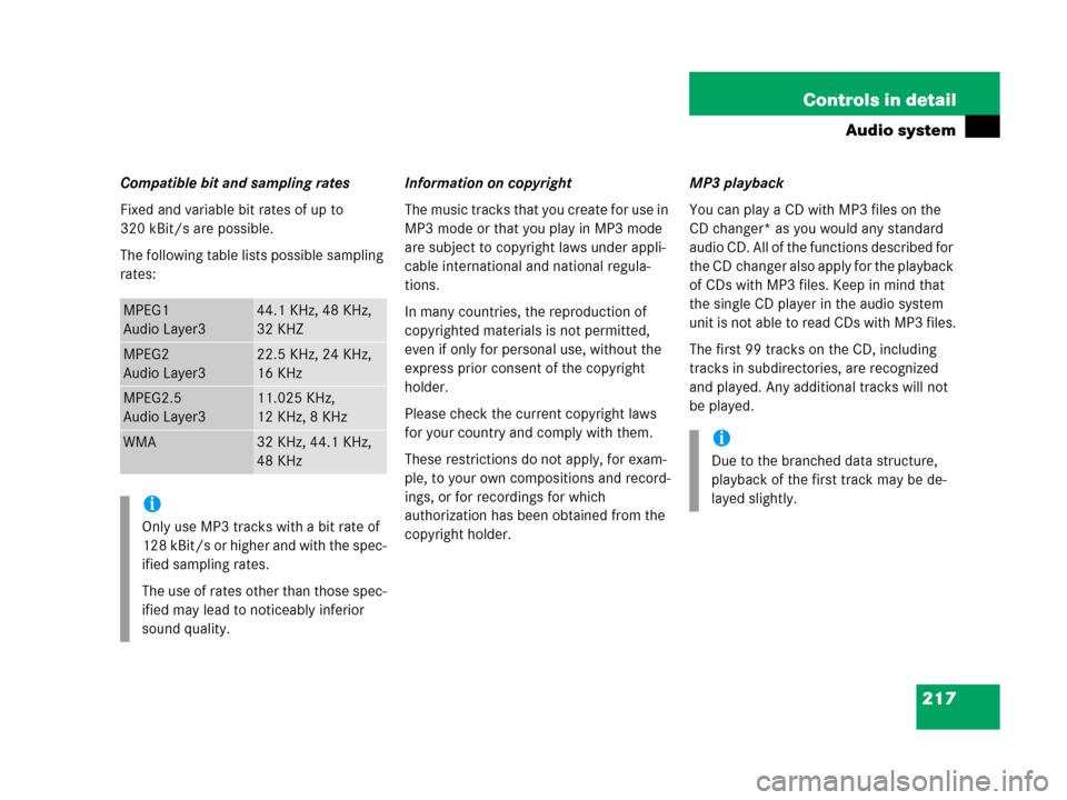 MERCEDES-BENZ C55AMG 2006 W203 Owners Manual 217 Controls in detail
Audio system
Compatible bit and sampling rates
Fixed and variable bit rates of up to 
320 kBit/s are possible.
The following table lists possible sampling 
rates:Information on 