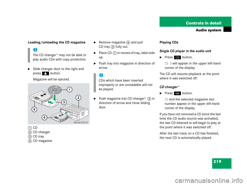 MERCEDES-BENZ C55AMG 2006 W203 Owners Manual 219 Controls in detail
Audio system
Loading/unloading the CD magazine
Slide changer door to the right and 
press gbutton.
Magazine will be ejected.
1CD
2CD changer
3CD tray
4CD magazine
Remove magaz
