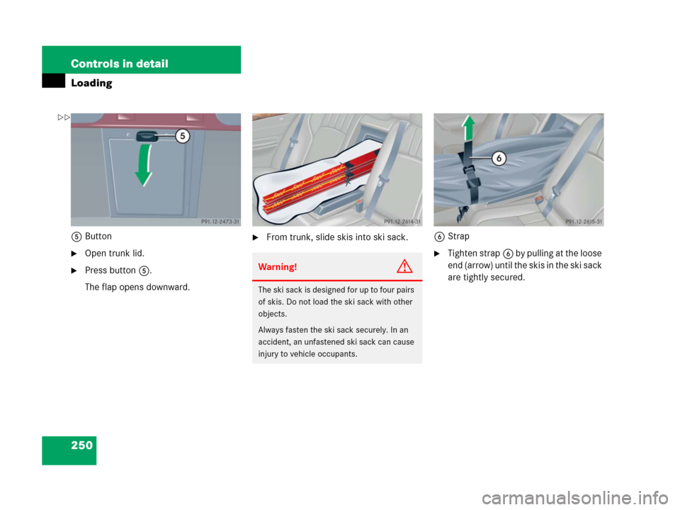MERCEDES-BENZ C55AMG 2006 W203 Owners Manual 250 Controls in detail
Loading
5Button
Open trunk lid.
Press button5.
The flap opens downward.
From trunk, slide skis into ski sack.6Strap
Tighten strap6 by pulling at the loose 
end (arrow) until