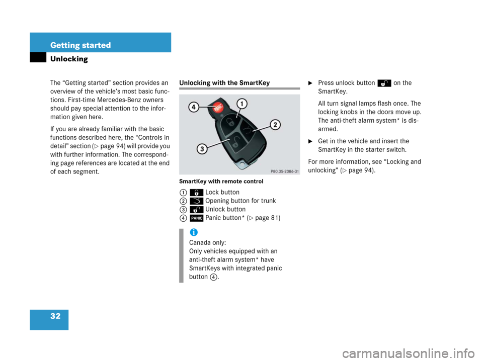 MERCEDES-BENZ C55AMG 2006 W203 Owners Guide 32 Getting started
The “Getting started” section provides an 
overview of the vehicle’s most basic func-
tions. First-time Mercedes-Benz owners 
should pay special attention to the infor-
mation