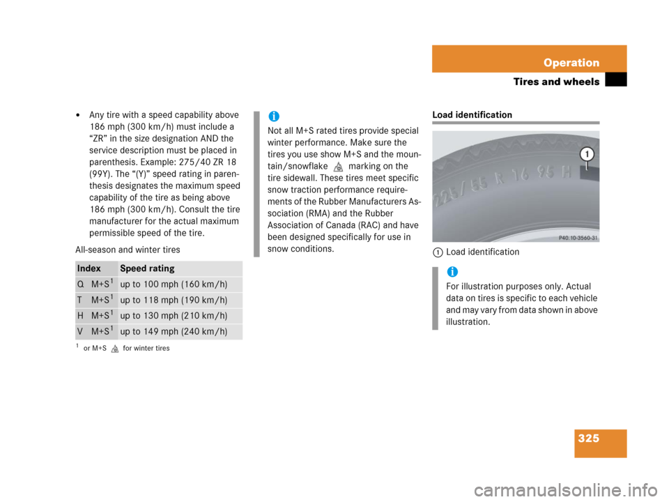 MERCEDES-BENZ C55AMG 2006 W203 Owners Manual 325 Operation
Tires and wheels
Any tire with a speed capability above 
186 mph (300 km/h) must include a 
“ZR” in the size designation AND the 
service description must be placed in 
parenthesis.